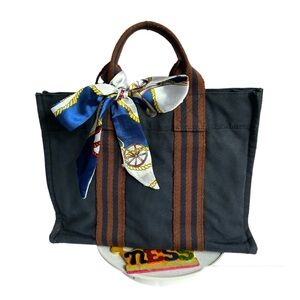 Vintage HERMES Fourre Tout PM Canvas Tote Bag, Hand Bag Navy Blue Authentic